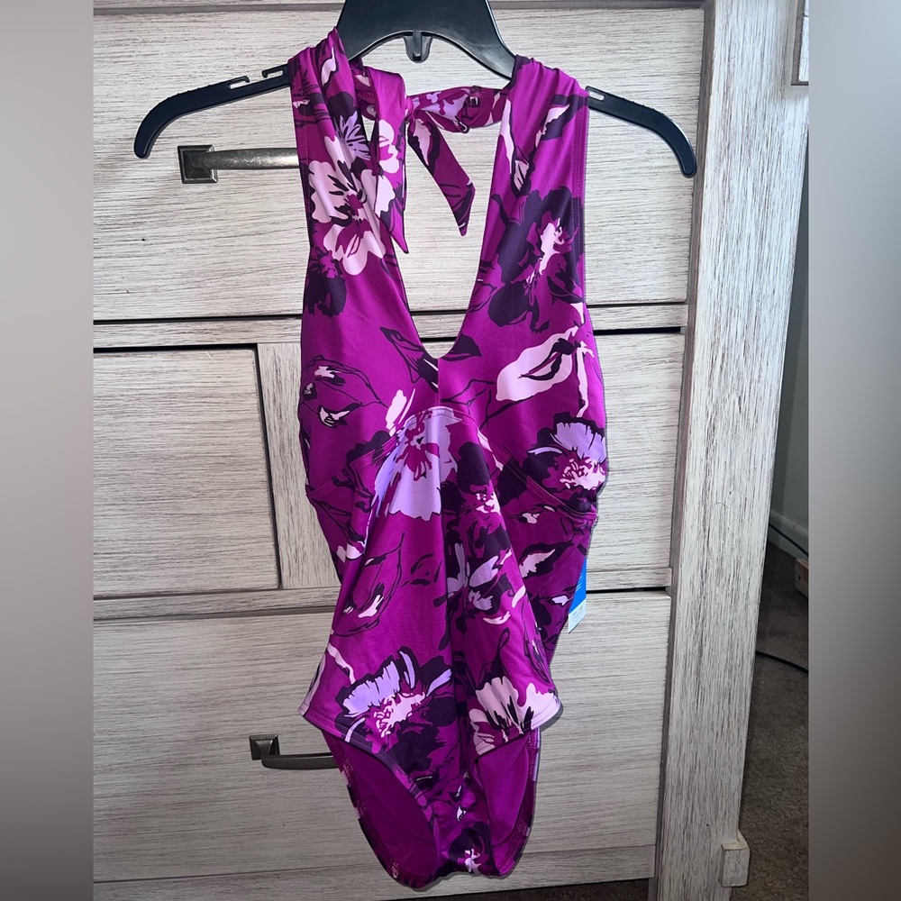 Lands’ End Criss Cross Floral Halter One Piece Swimsuit